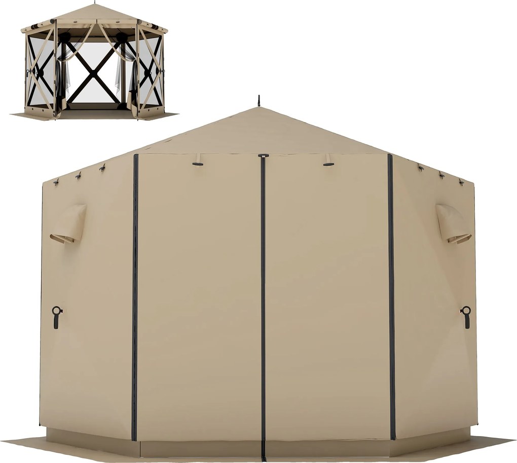 Outsunny 3,00 m x 2,60 m hatszögletű pavilon padlószőnyeggel, hálós oldalfalakkal és hordtáskával — vízálló, UV-védelemmel, keki | Aosom