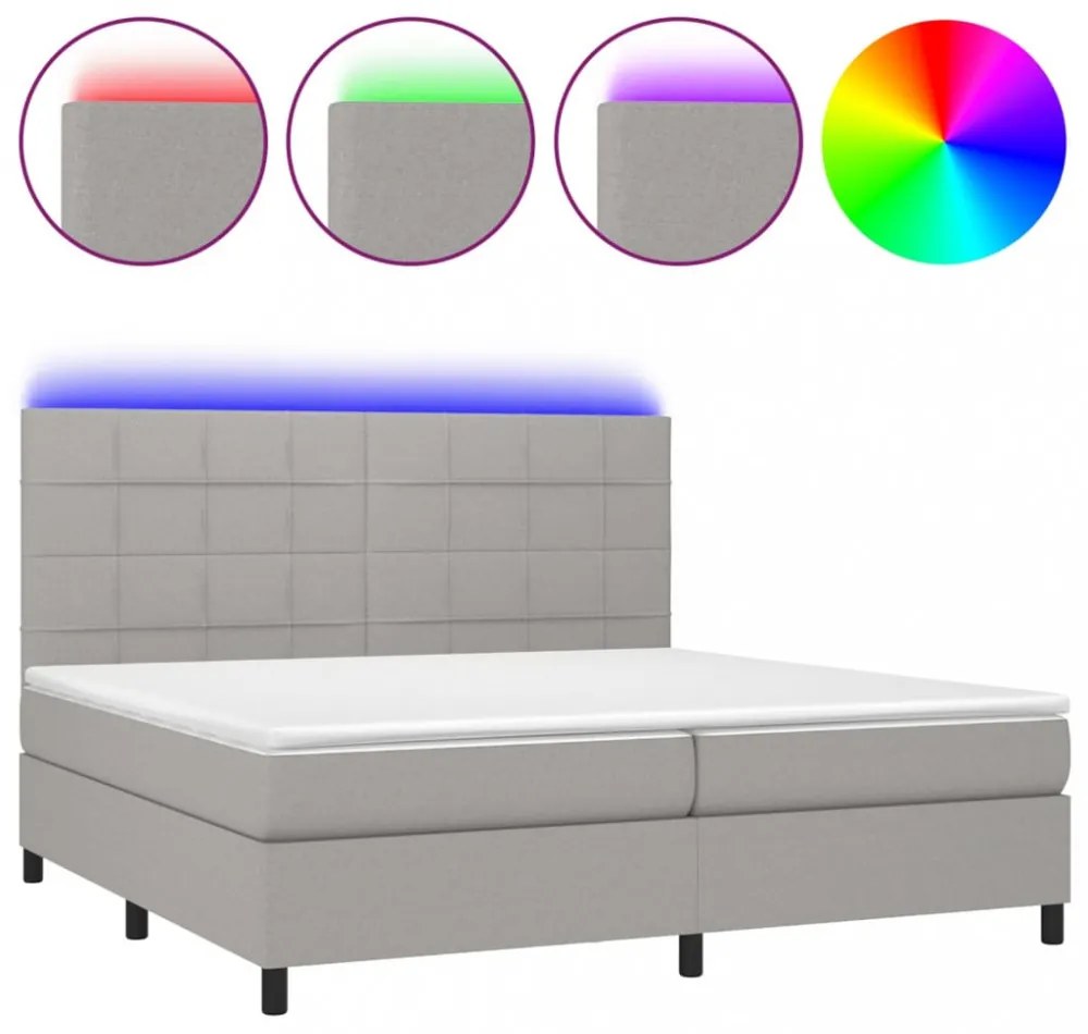 világosszürke szövet rugós és LED-es ágy matraccal 200x200 cm