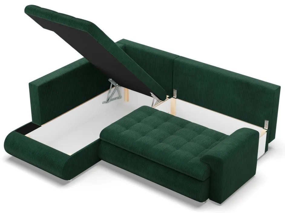 Tokio sarokkanapé, L alakú háttámlával, 2 ágyneműtartóval, kordbársony, baloldali, zöld