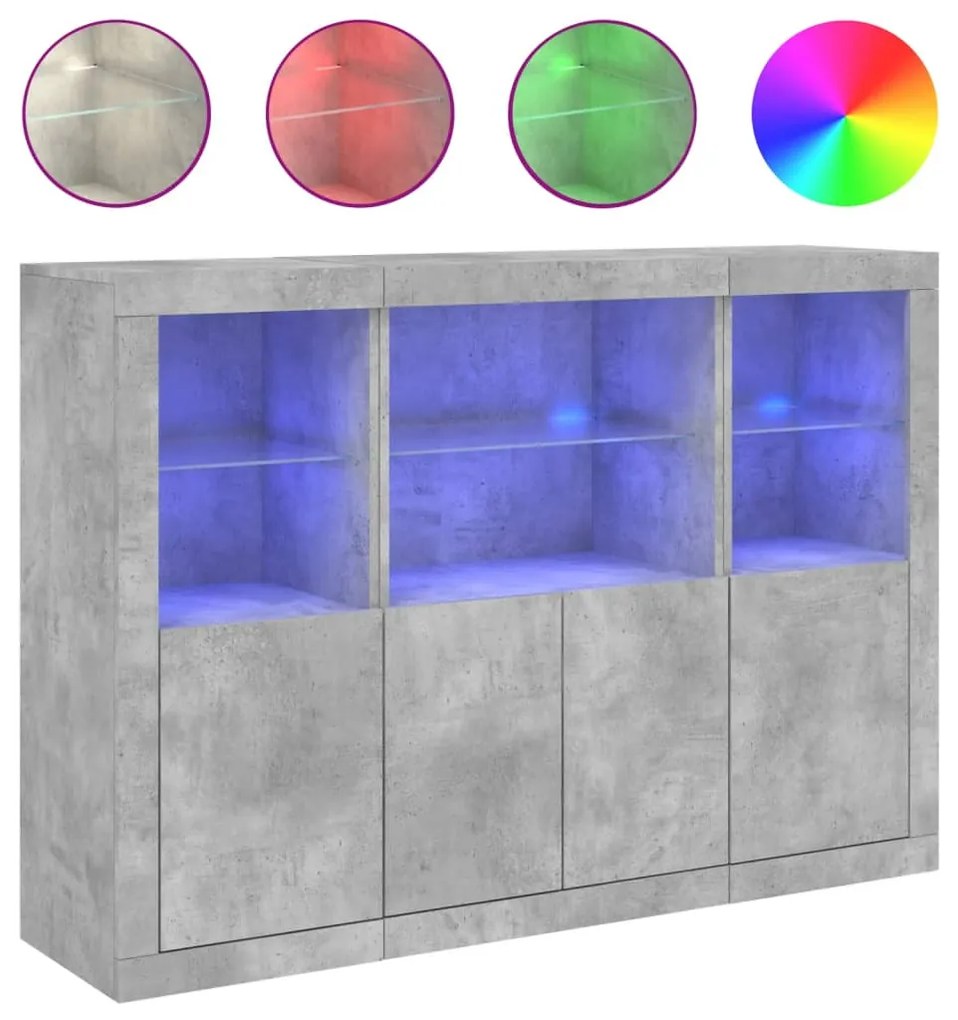 3 db betonszürke szerelt fa tálalószekrény LED-ekkel