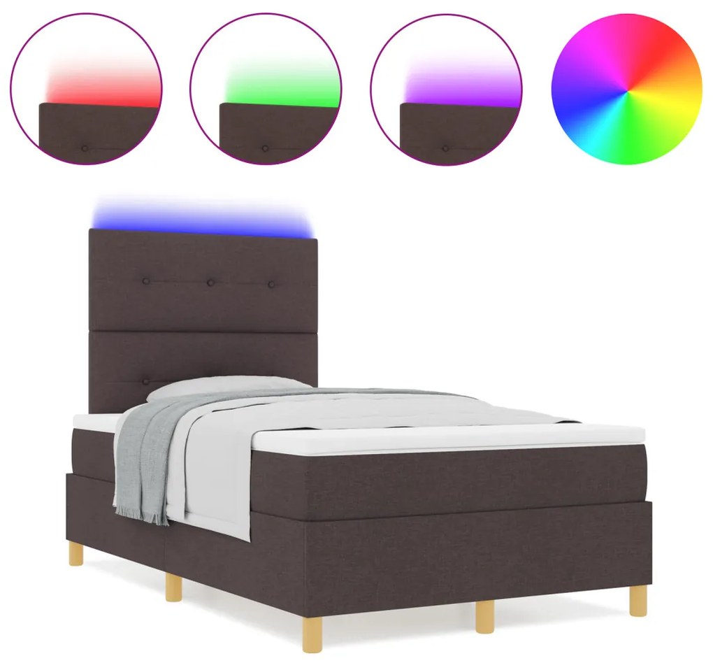 Box Spring ágy matraccal és LED világítással, sötétbarna 120x190 cm szövet