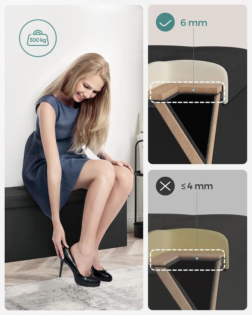 tárolós ülőke – összecsukható pad, 38 × 110 × 38 cm, tintafekete színben