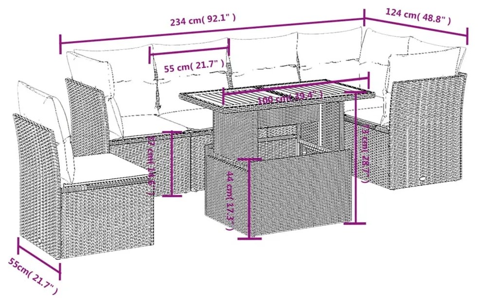 7 részes bézs polyrattan kerti ülőgarnitúra párnákkal