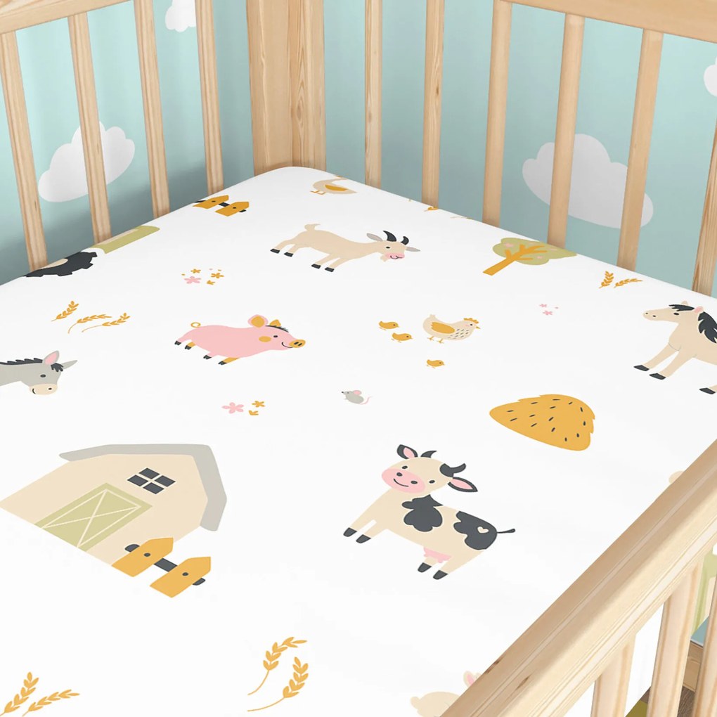 Goldea gyermek gumis pamut lepedő kiságyba - élet a farmon 70 x 140 cm