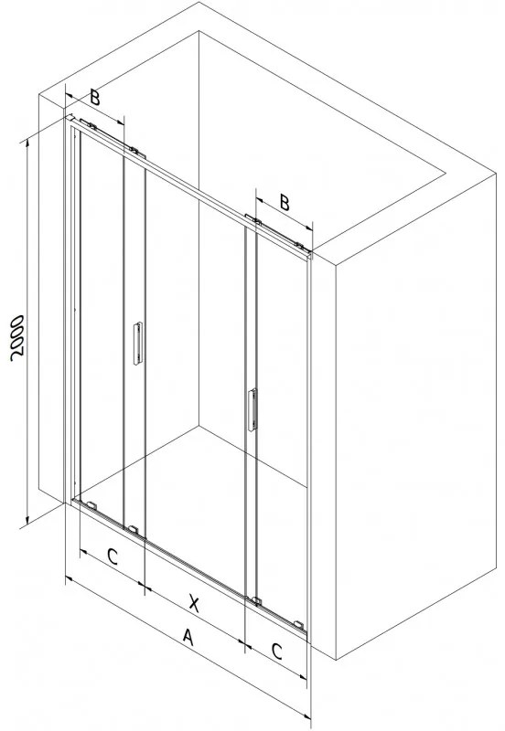 Mexen Exo, 2 szárnyú csúszó 200x200 cm, 6mm átlátszó üveg, fekete profil, 8152-200-000-70-00