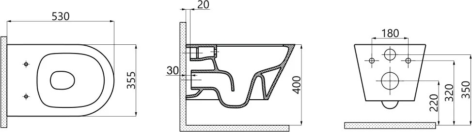 Sanovit AVVA fali WC - rimless - perem nélküli - rejtett rögzítésű - 53 cm