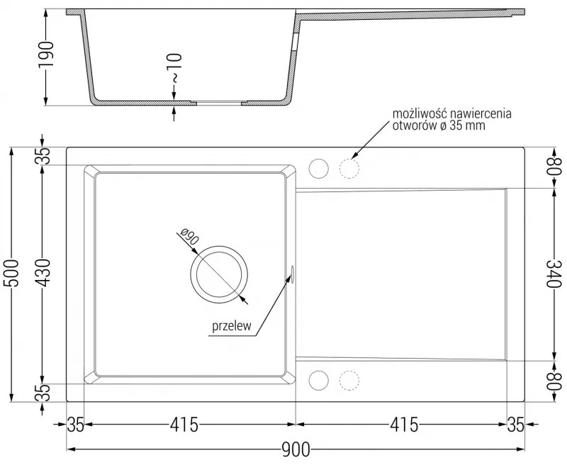 Mexen Leo, gránit mosogató 900x500x190 mm, 1 kamrás és fekete Telma csaptelep, fekete-arany metál, 6501-75-670200-70-B