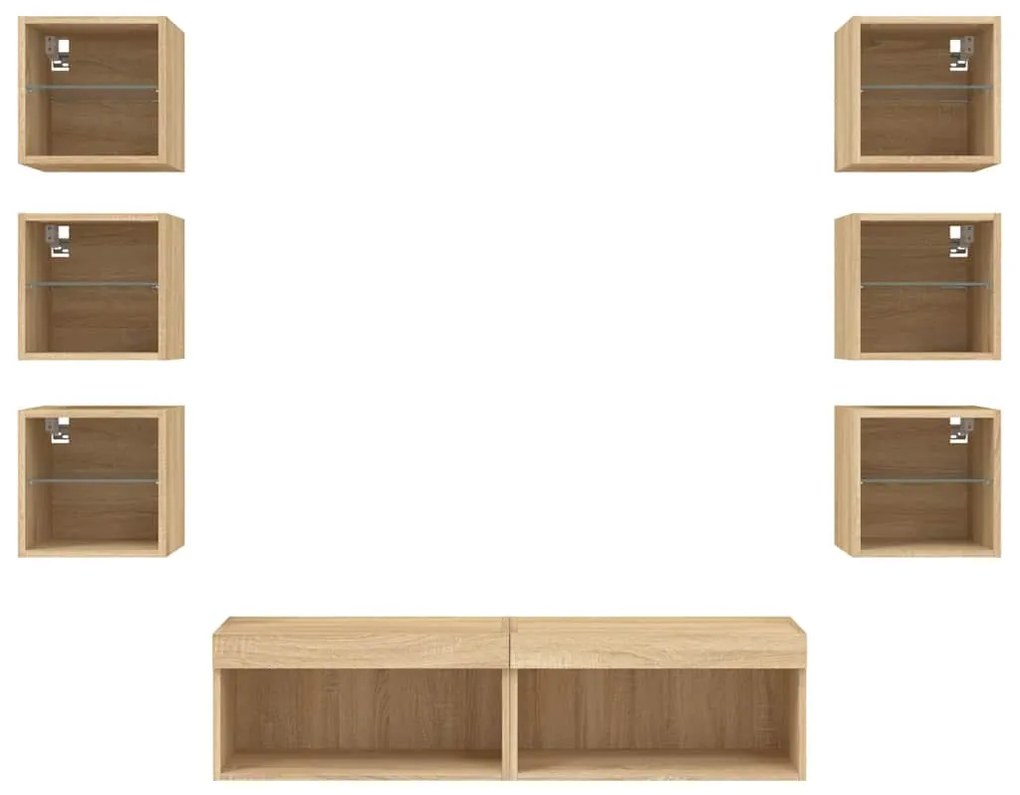 8 darab füstös tölgy színű szerelt fa TV-bútor LED-del