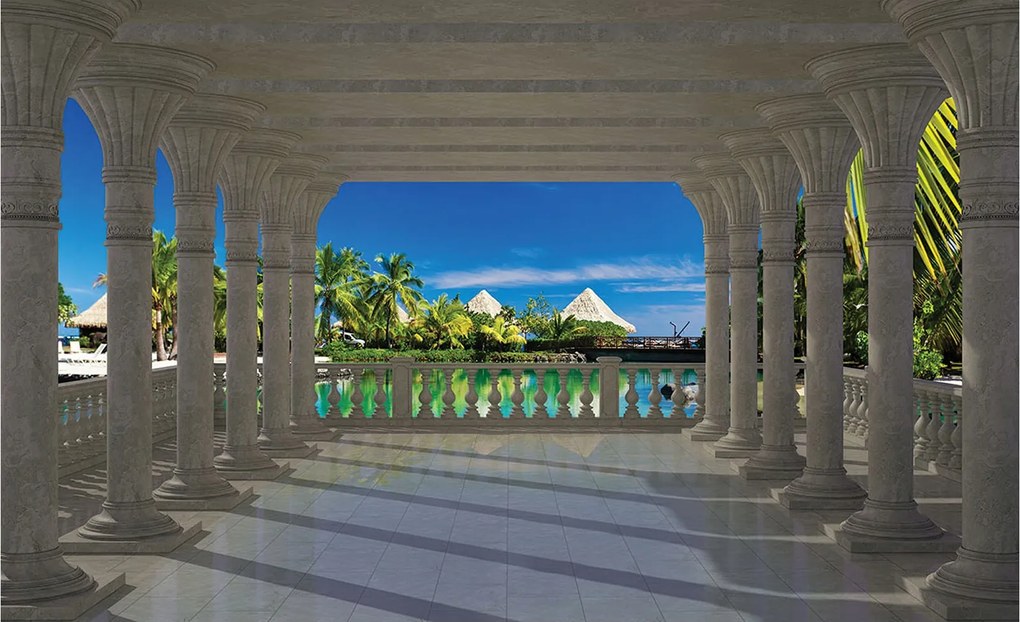 Fotótapéta Trópusi óceán pálmafák bungaló árkád perspektíva 208x146 +ragasztó