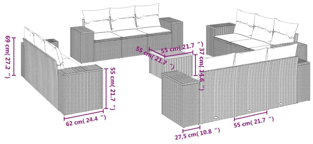 13 részes szürke polyrattan kerti ülőgarnitúra párnákkal