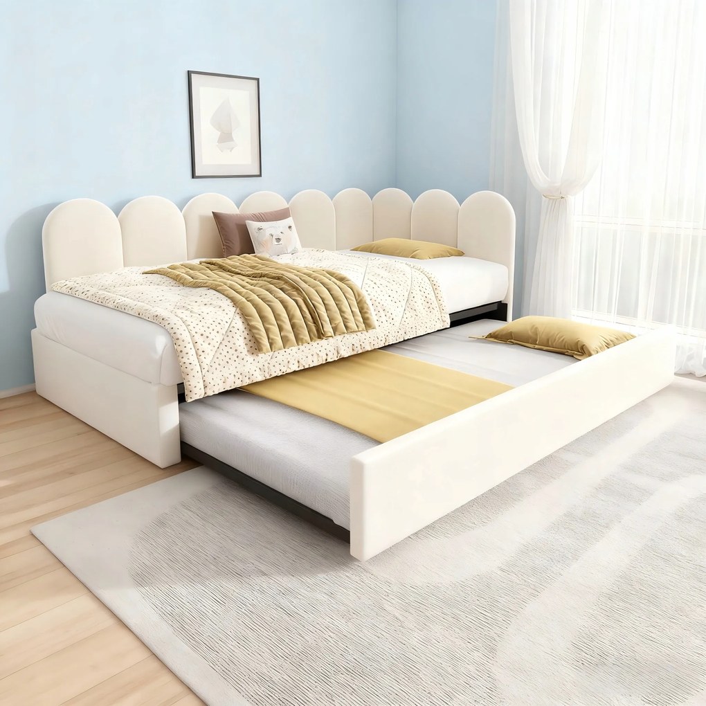 Kárpitozott ágy kihúzható kanapé gyerek kihúzható ágy 90x200cm Bézs