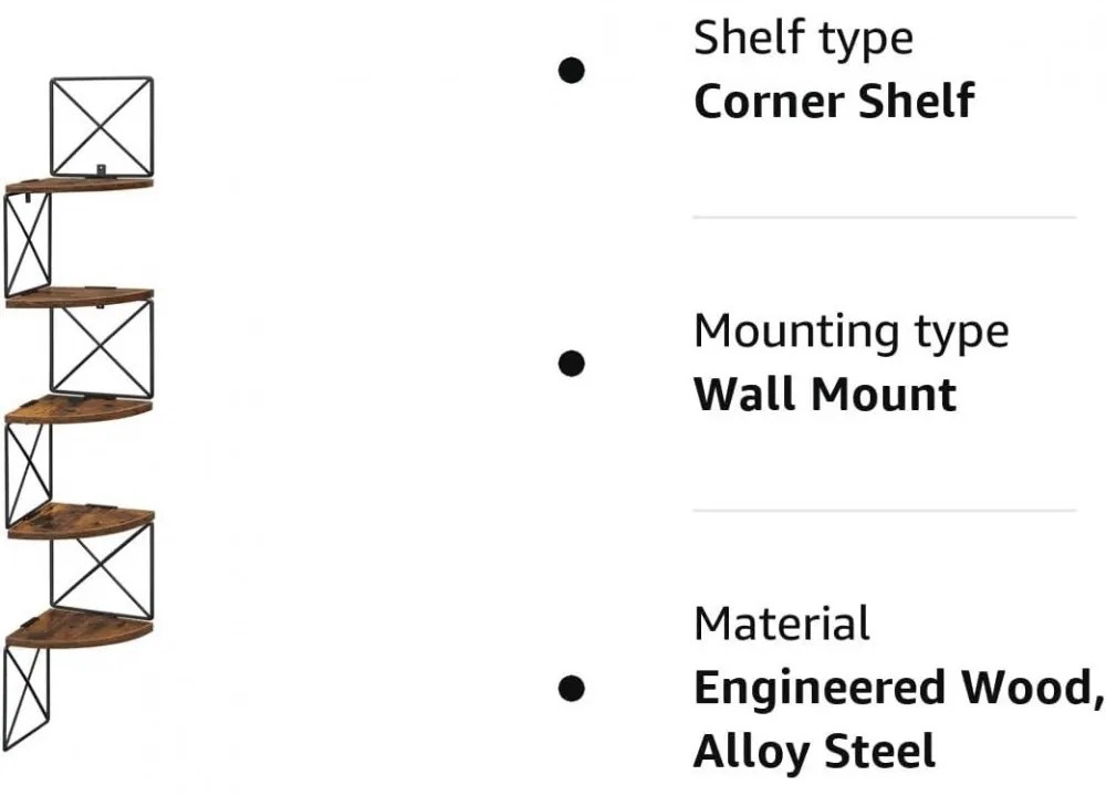 Sarokpolc, falra szerelhető, 5 szintes, rusztikus barna és fekete