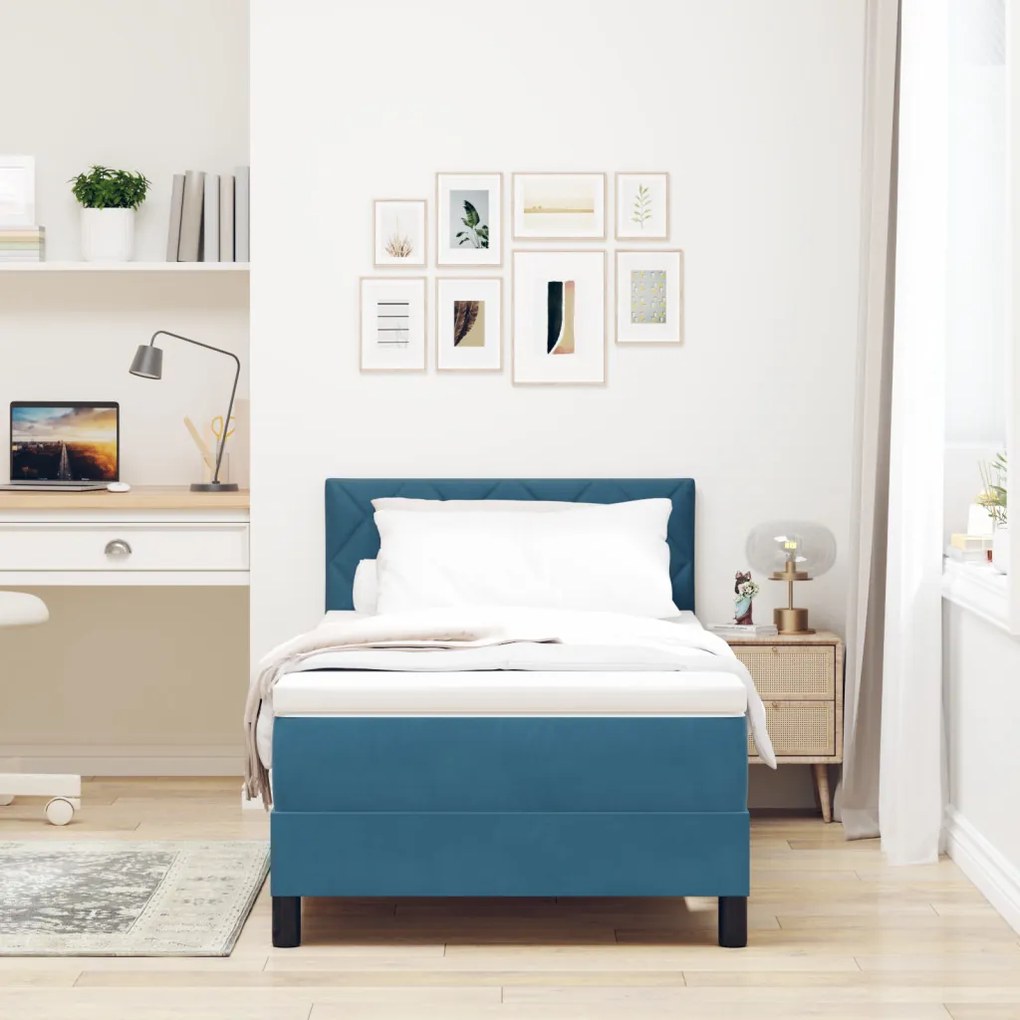 Boxspring ágy matraccal & LED Sötétkék 90x190 cm Bársony