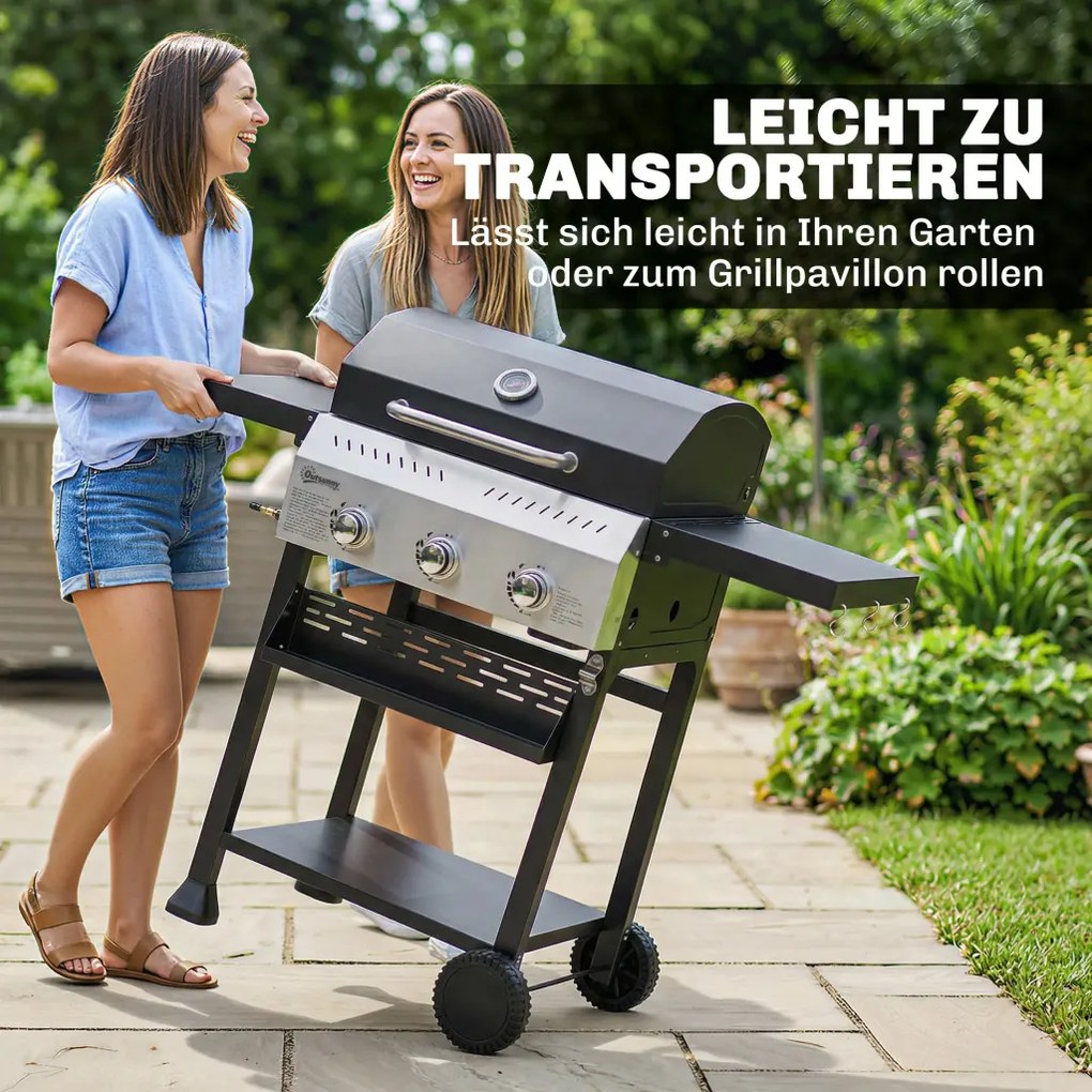 Gázgrill 9 KW 3 égős BBQ grillkocsi rozsdamentes acélból, összecsukható oldalsó asztallal, fűszertartóval