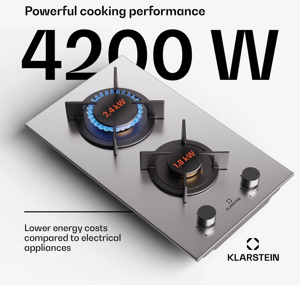 Klarstein Goldflame, gáztűzhely, 2 sárgaréz égő, rozsdamentes acél