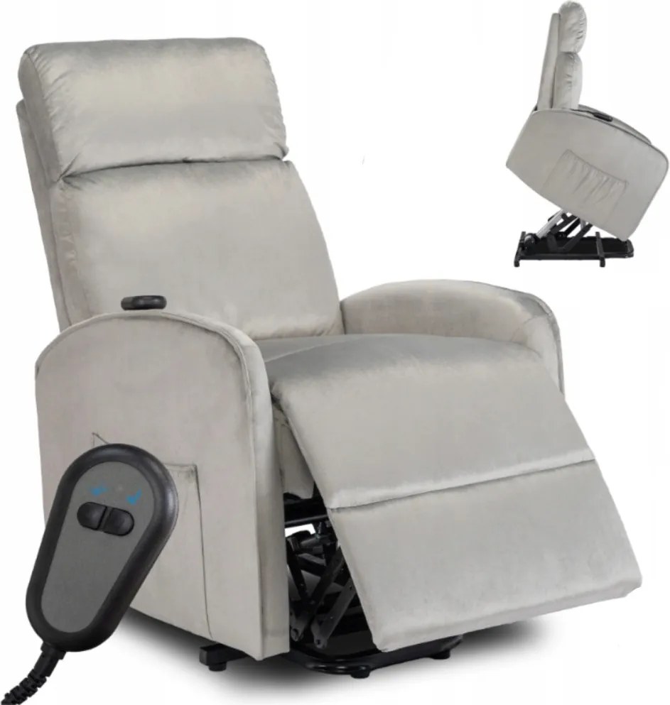 FOTEL COLTON Szary Welurowy z Funkcją Wstawania