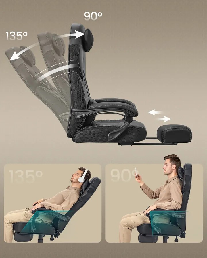 Játékos szék lábtartóval, ergonomikus kialakítással, fekete színben