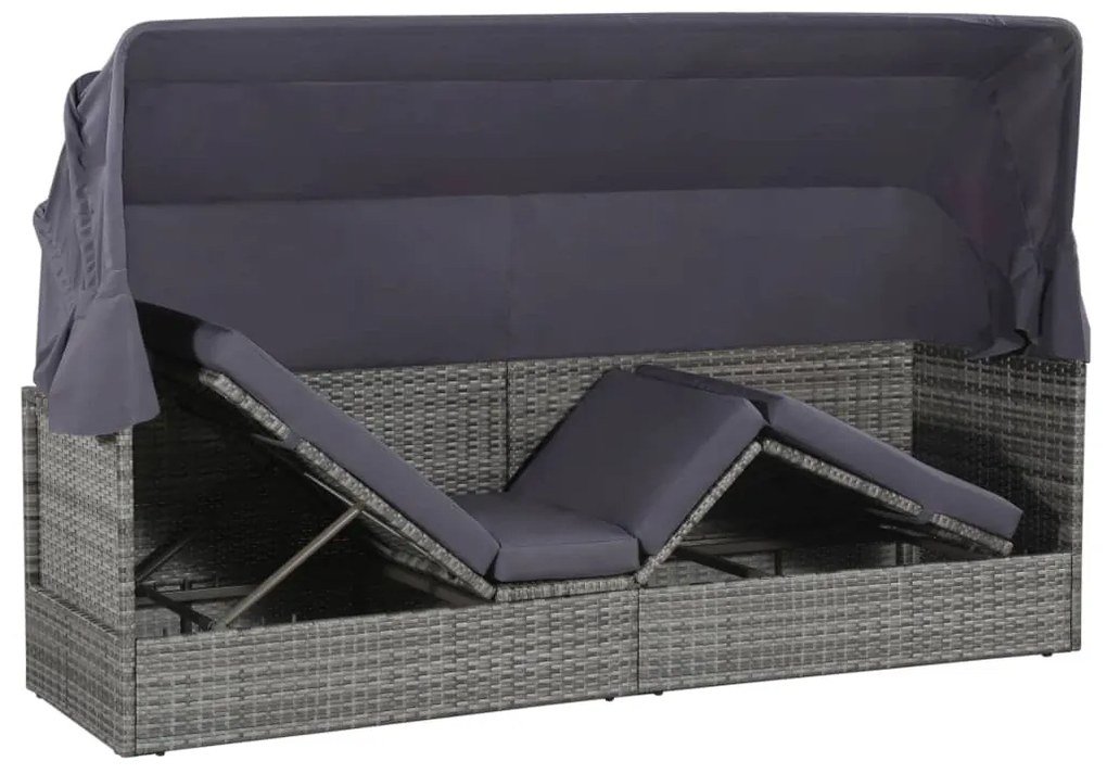Szürke polyrattan napellenzős kerti ágy 205 x 62 cm