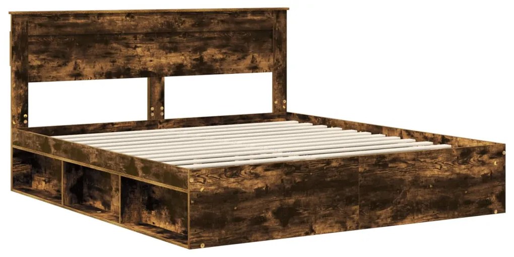 vidaXL Ágykeret fejtámlával Füstölt tölgy 200 x 200 cm Tömör fenyőfa