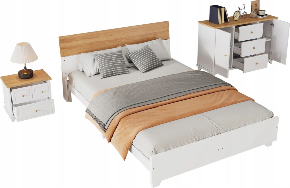 Franciaágy éjjeliszekrény komód, franciaágy 160x200cm fehér 3db