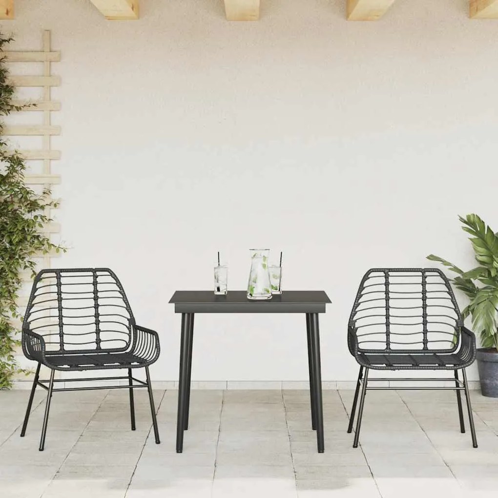 3 részes fekete polyrattan üveg kerti étkezőgarnitúra