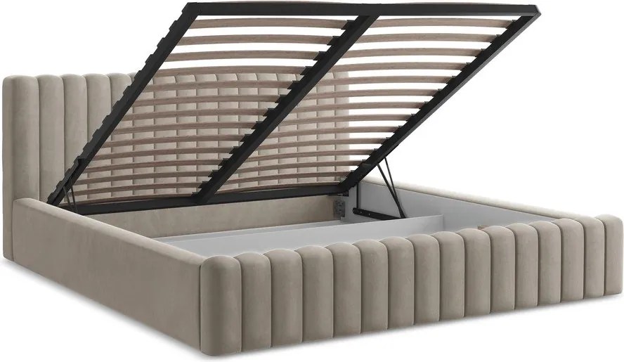 Szürkésbarna kárpitozott ágyneműtartós franciaágy ágyráccsal 140x200 cm Lemi – Makamii