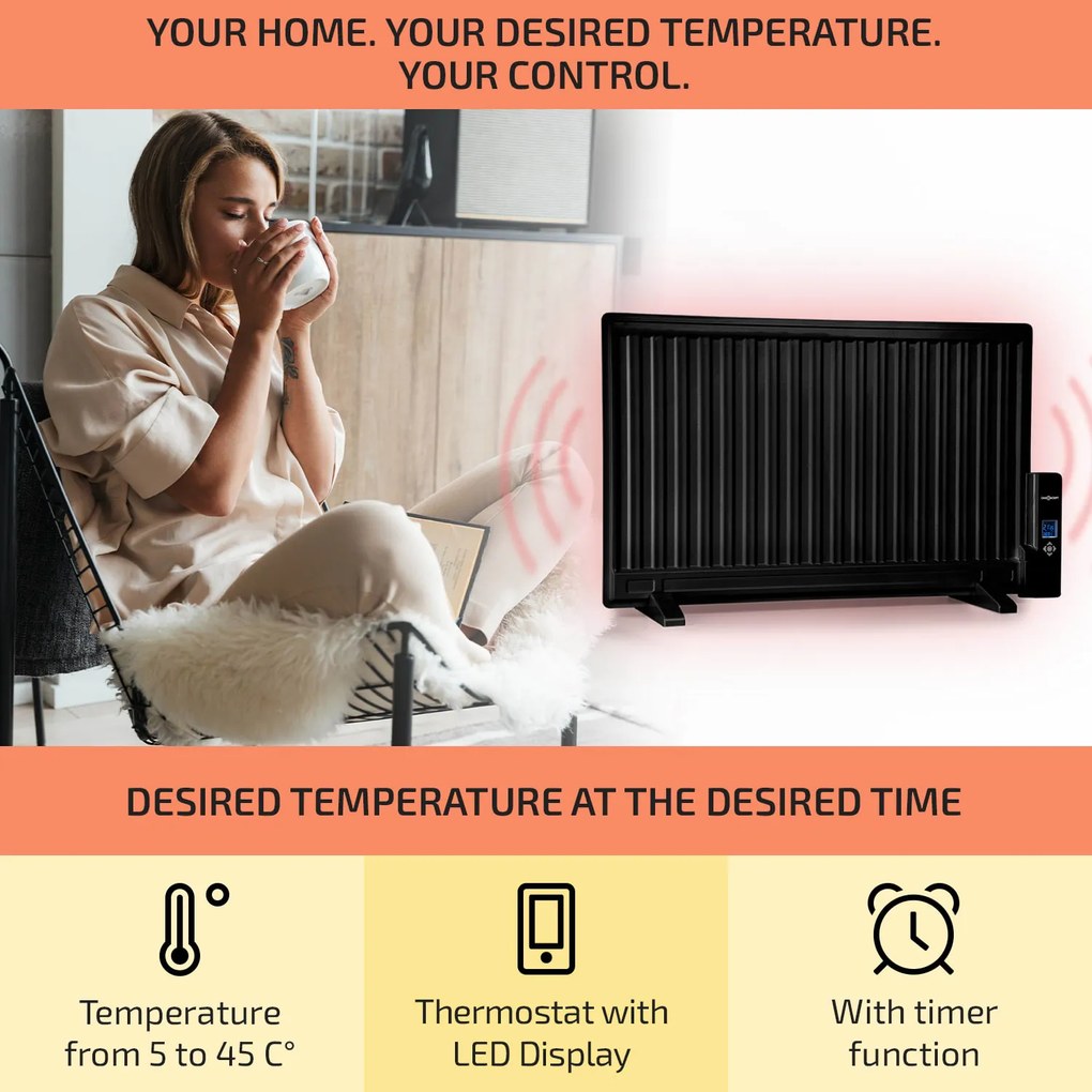 Wallander, olajradiátor, 800 W, termosztát, olajfűtés, ultra lapos design, fekete