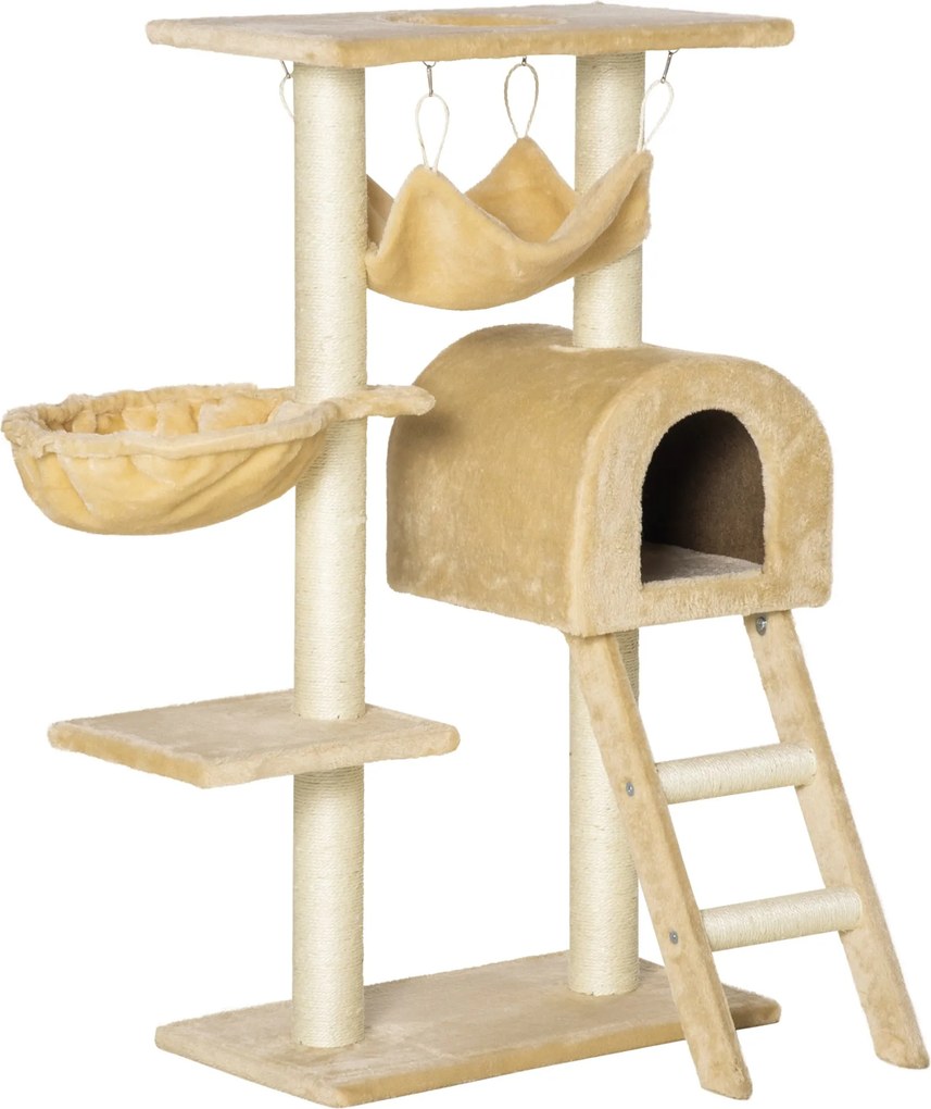 PawHut Macska Kaparófája 98 cm Magas Mászó Torony Bújó Kosárral, Hintaággyal, Lépcsőkkel és Természetes Szizál Posztokkal 54x29.5x98 cm Bézs | Aosom