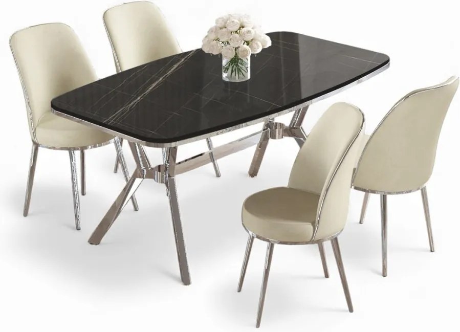 Lena étkezőgarnitúra, fekete márvány-króm, 160 cm – TR240CHR2873