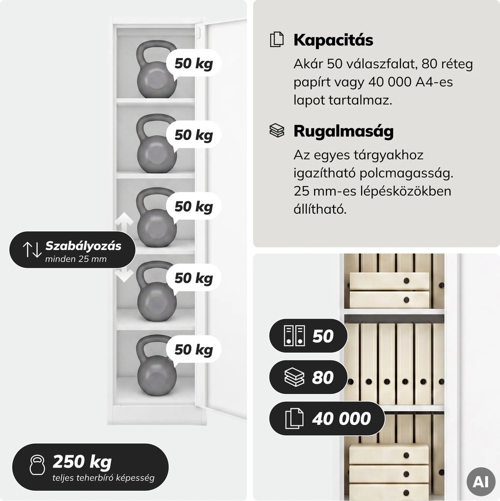 Kartotékos iratszekrény kulcsos fehér, 450x1850x600 mm: ALEX D600