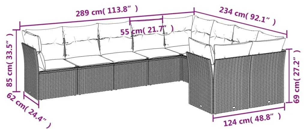 9-részes szürke polyrattan kerti ülőgarnitúra párnákkal