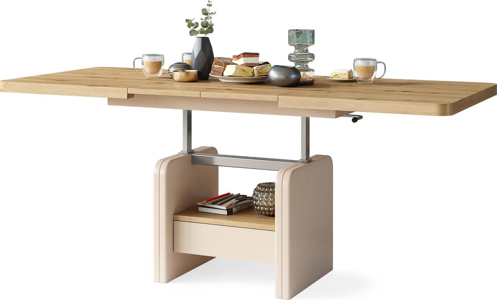 Mazzoni LEXUS Artisan Tölgy/Bézs (Pezsgőszínű) - MODERN DOHÁNYZÓASZTAL NYITHATÓ/MAGASÍTHATÓ ÉTKEZŐASZTAL ÉS DOHÁNYZÓASZTAL EGYBEN