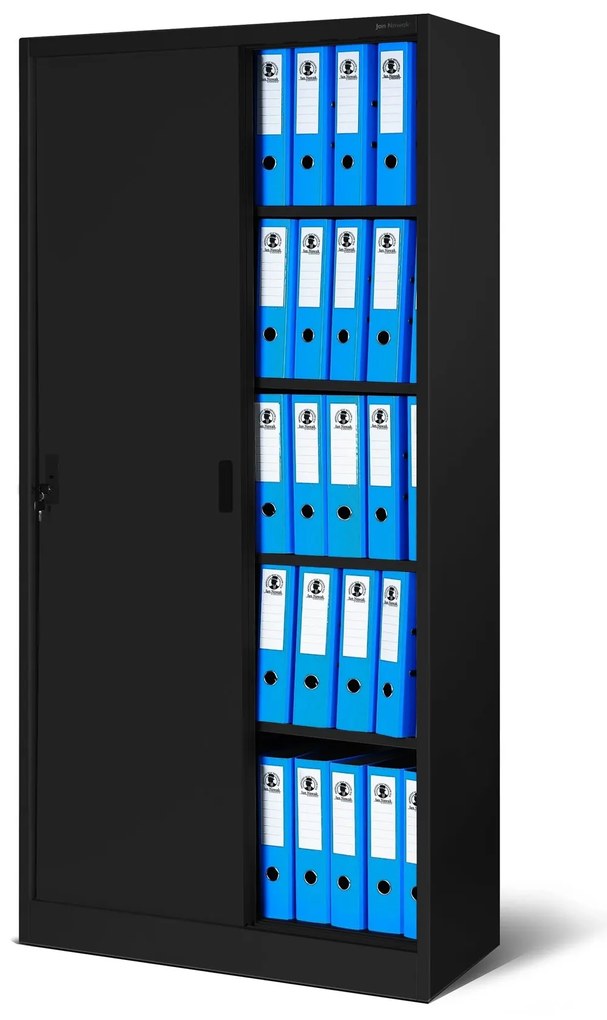 Fém irodai szekrény tolóajtókkal – KUBA, 900 x 1850 x 400 mm, fekete