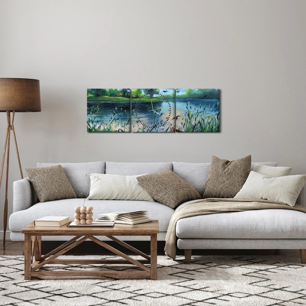 Kép - olajfestmény, Nyári este a tónál (órával) (90x30 cm)