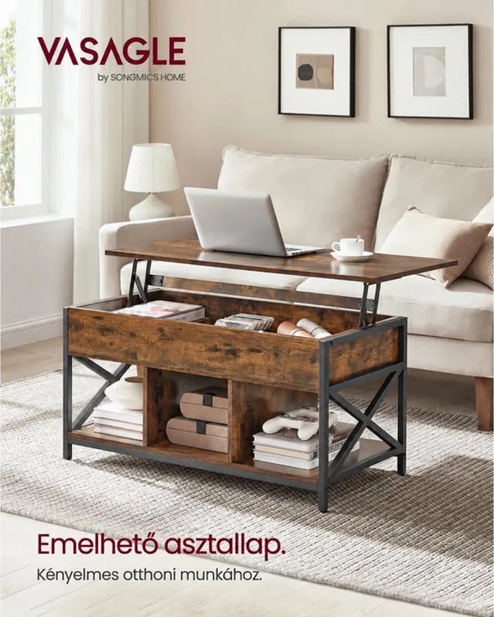 Emelhető tetejű dohányzóasztal 50 × 100 × (49–62 cm), barna és fekete színben