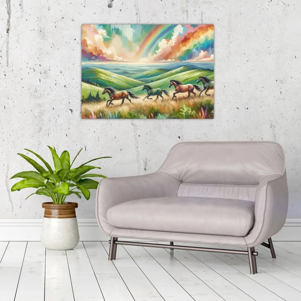 Üveg kép – Vágtázó lovak a tájban (70x50 cm)