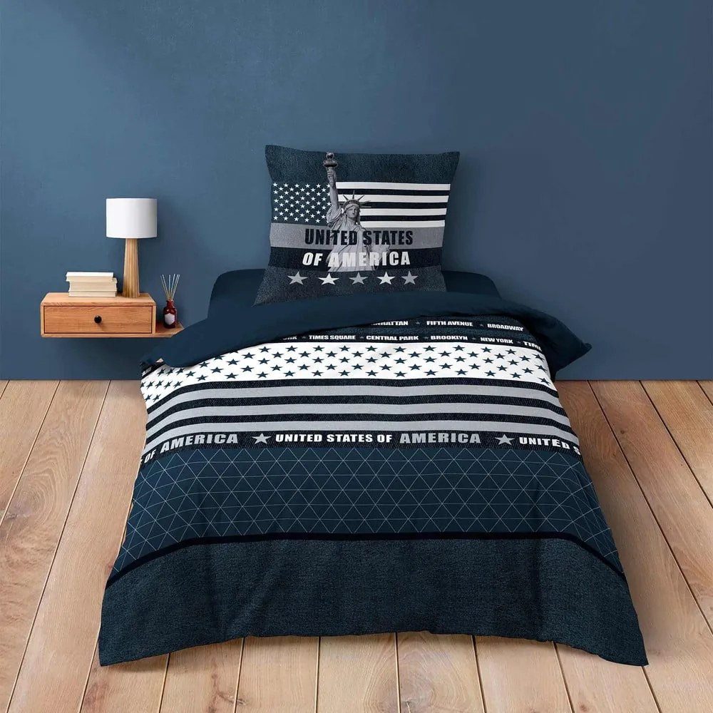 Sötétkék egyszemélyes pamut ágyneműhuzat 140x200 cm States – douceur d'intérieur