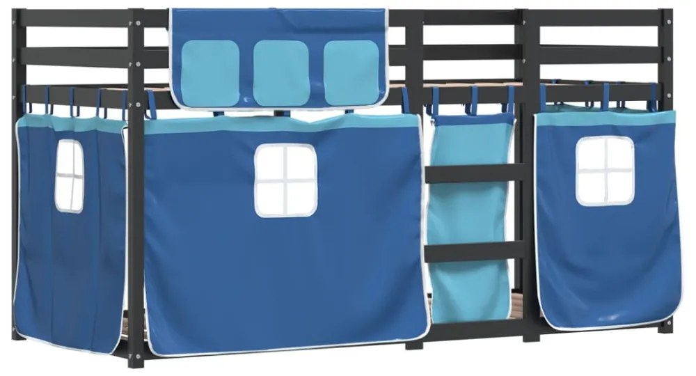 kék tömör fenyőfa emeletes ágy függönyökkel 90 x 200 cm