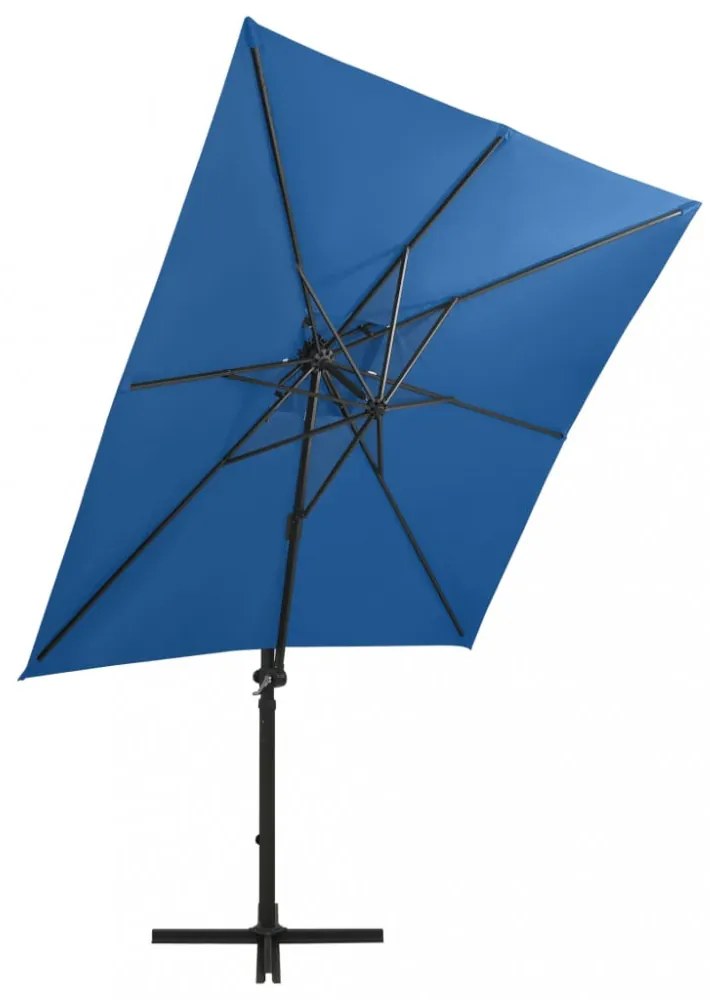 azúrkék konzolos napernyő rúddal és LED-fényekkel 250 cm