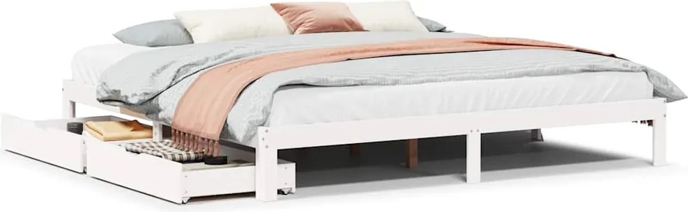 vidaXL fehér tömör fenyőfa ágykeret fiókokkal 200 x 200 cm