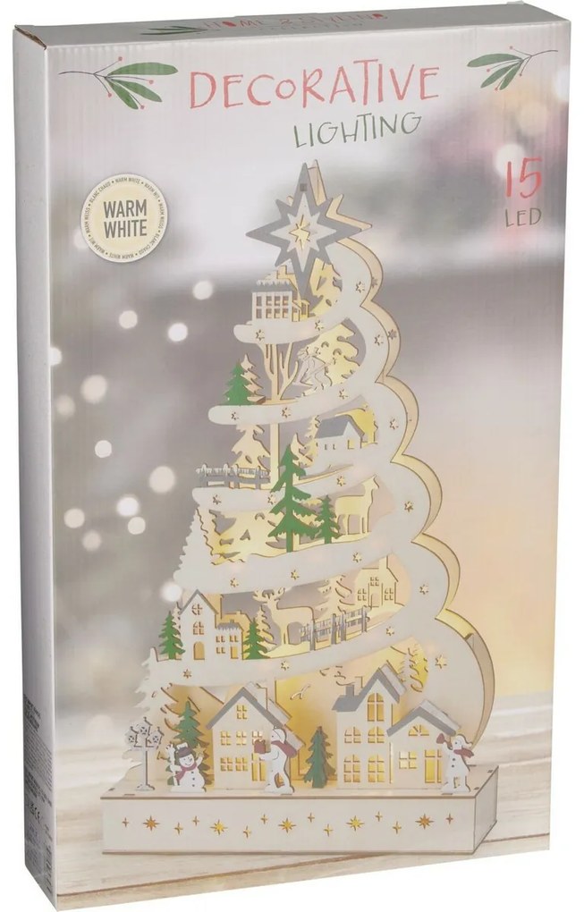 Karácsonyi világító fa, 15 LED, 27x6x 45cm, fa