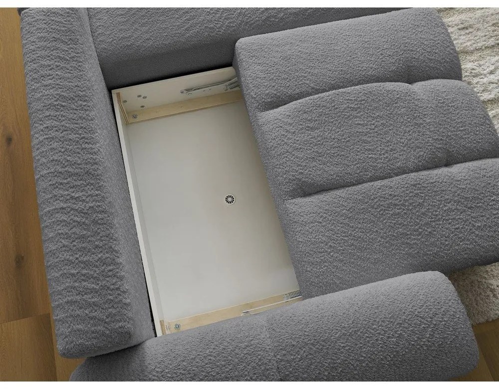 Szürke buklé kinyitható-tárolóhelyes sarokkanapé (jobb oldali-heverő résszel) Roxelane – Bobochic Paris