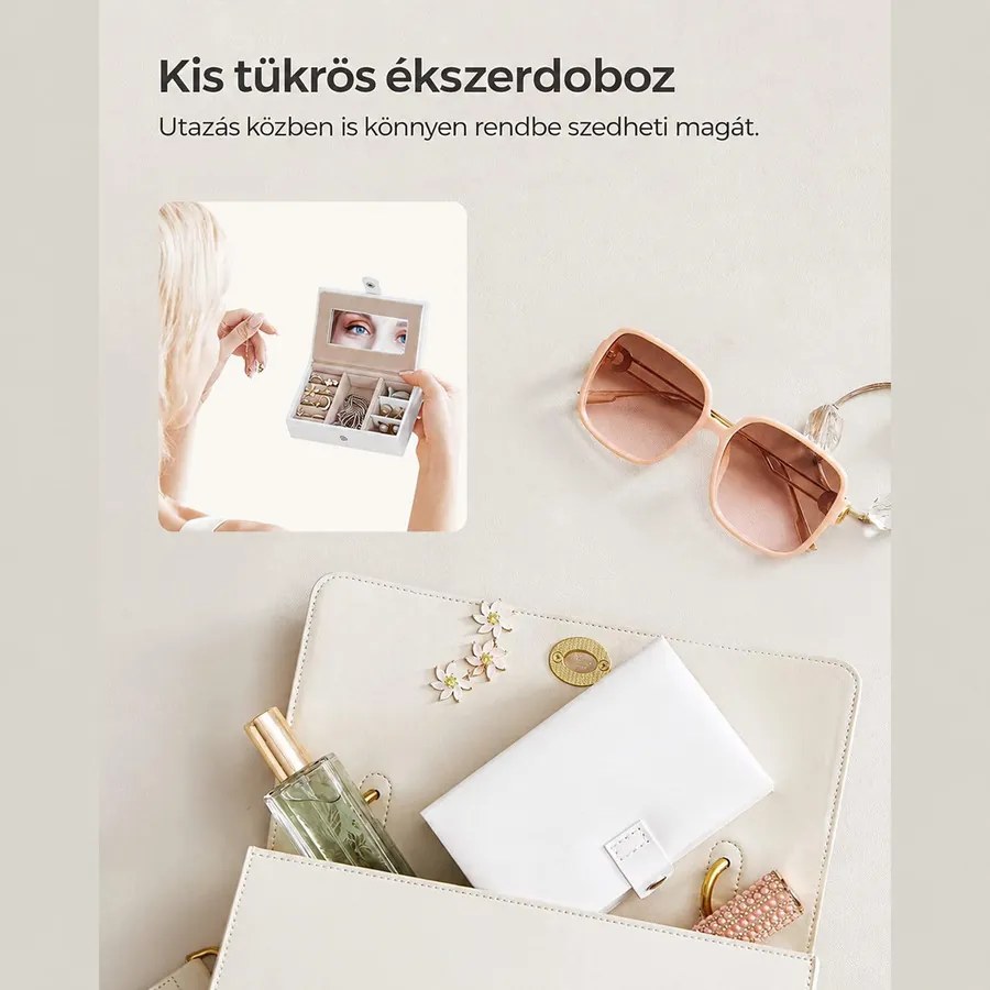 Ékszertartó 2 fiókkal, zárható ékszertartó tükörrel fehér színű