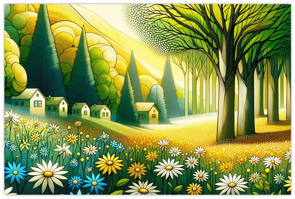 Kép - Falu sárga-zöld színekben (90x60 cm)