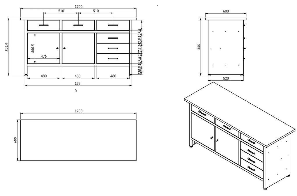 Műhelyasztal, fiókokkal és szekrénnyel HENRY, 1700 x 850 x 600 mm, antracit-vörös