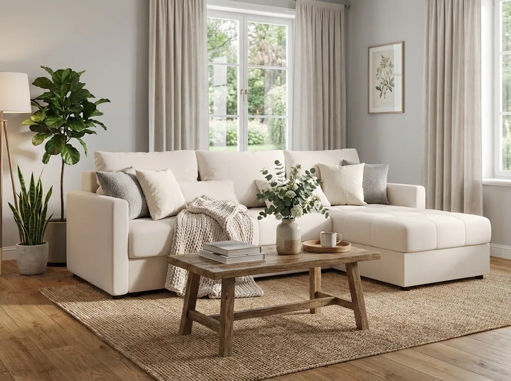 VENORIA L alakú kihúzható sarokkanapé, 220x143 cm, krémszínű + 2 párna INGYEN