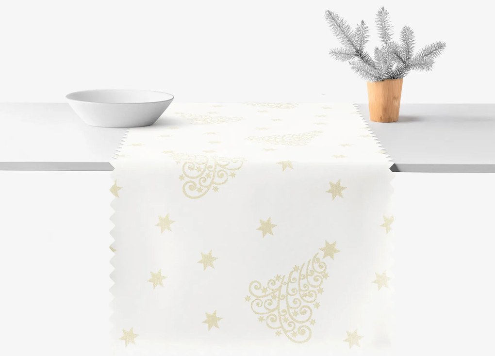 Goldea karácsonyi teflonbevonatú asztali futó - aranyszínű karácsonyfák és csillagok 50x120 cm