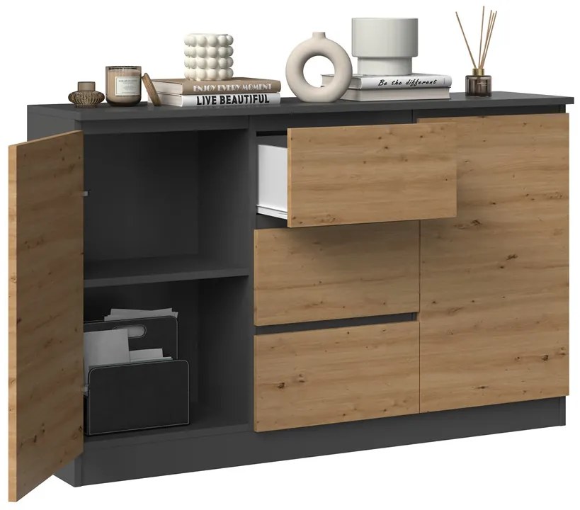 Riano MIX 2D3S komód, 120x75x40 cm, antracit-tölgy