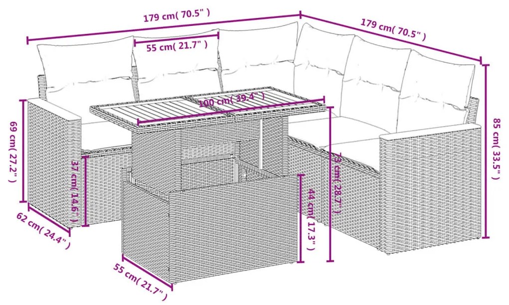 6 részes bézs polyrattan kerti ülőgarnitúra párnával