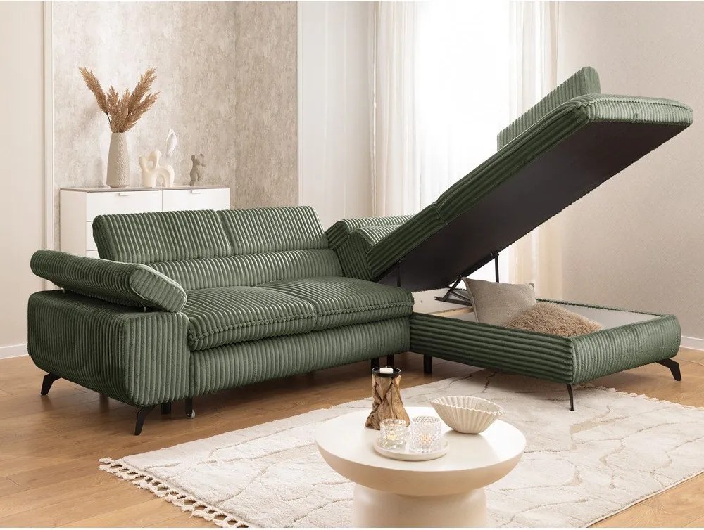 Zöld kordbársony sarokkanapé (jobb oldali-L alakú) Marbeya – Ropez